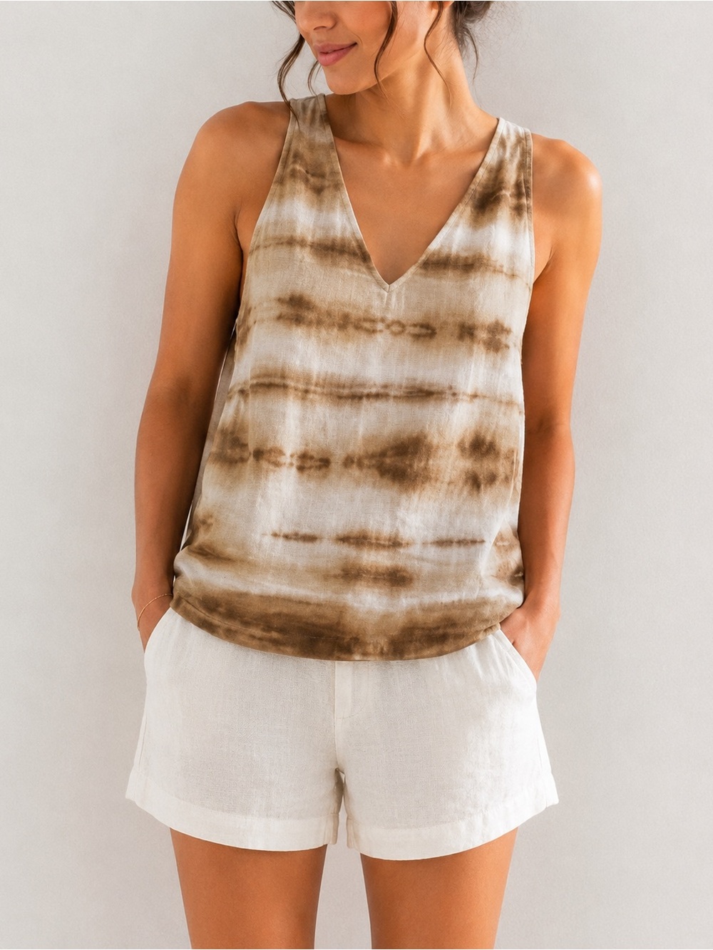 Tommy Bahama Resort 100% Linen Halter Top Tie Dye Brown and White Size M